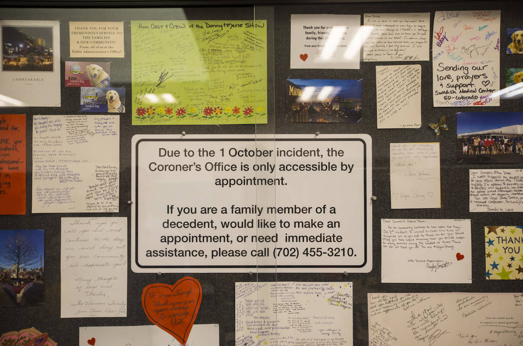 Display cases highlight letters and other messages of support at the Clark County coroner's office near downtown Las Vegas on Thursday, Sept. 13, 2018. Chase Stevens Las Vegas Review-Journal @csst ...