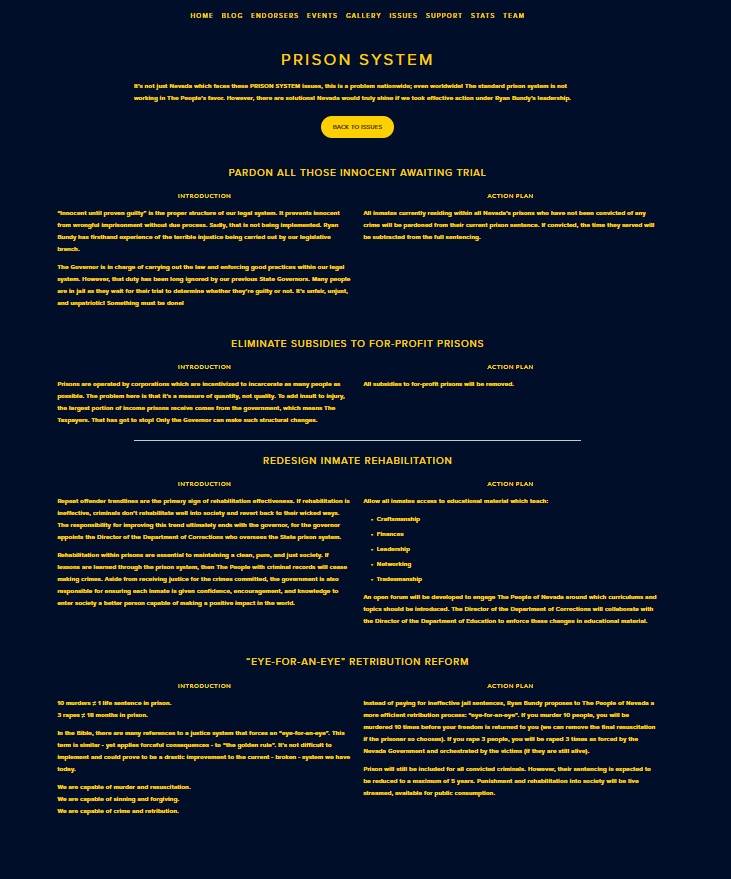 Screenshot from campaign website for Nevada gubernatorial candidate Ryan Bundy