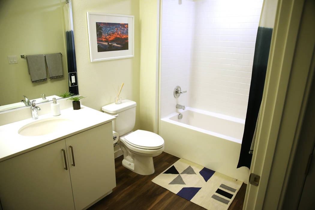A bathroom in a two bedroom apartment at Fremont9, a new apartment complex in downtown Las Vegas at Fremont and 9th Street in Las Vegas, Tuesday, Sept. 18, 2018. Erik Verduzco Las Vegas Review-Jou ...