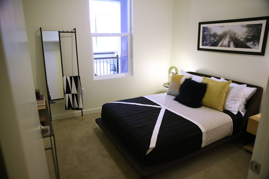 A bedroom in a two bedroom apartment at Fremont9, a new apartment complex in downtown Las Vegas at Fremont and 9th Street in Las Vegas, Tuesday, Sept. 18, 2018. Erik Verduzco Las Vegas Review-Jour ...