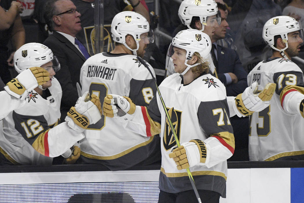 Vegas Golden Knights center William Karlsson (71) is congratulated after scoring against the Los Angeles Kings during the first period of a preseason NHL hockey game Thursday, Sept. 20, 2018, in L ...