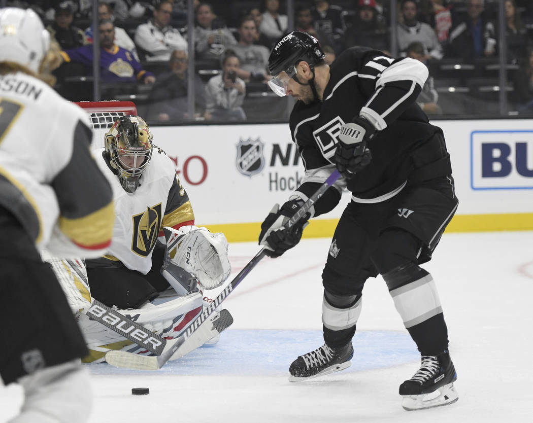 Los Angeles Kings left wing Ilya Kovalchuk, of Russia, shoots the puck against Vegas Golden Knights goalie Oscar Dansk during the first period of a preseason NHL hockey game Thursday, Sept. 20, 20 ...