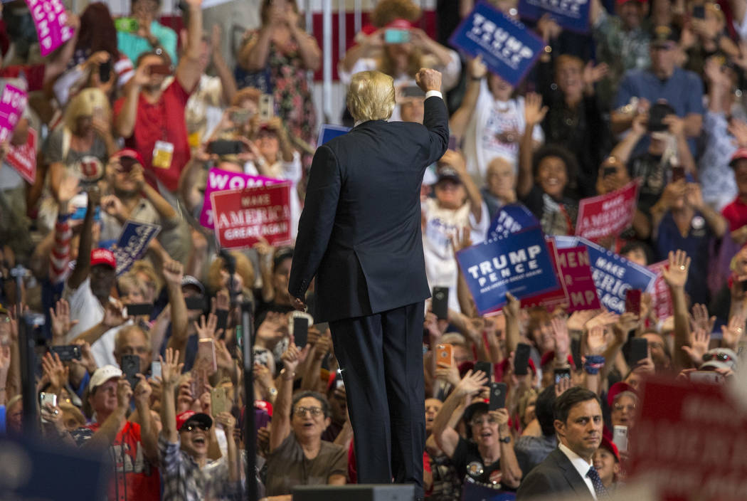 U.S. President Donald Trump waives to supporters after a Make America Great Again rally at the Las Vegas Convention Center in Las Vegas on Thursday, Sept. 20, 2018. Richard Brian Las Vegas Review- ...