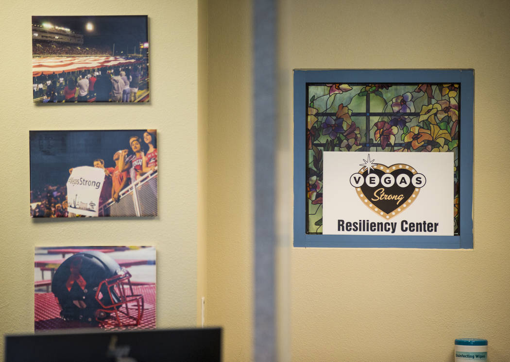 Signs and images that decorate the Vegas Strong Resiliency Center in Las Vegas on July 31, 2018. Chase Stevens Las Vegas Review-Journal @csstevensphoto