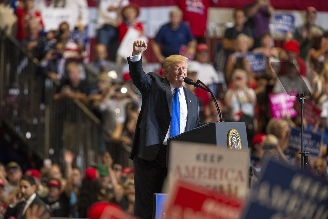 President Donald Trump speaks during a Make America Great Again rally at the Las Vegas Convention Center in Las Vegas on Thursday, Sept. 20, 2018. (Richard Brian/Las Vegas Review-Journal) @vegasph ...