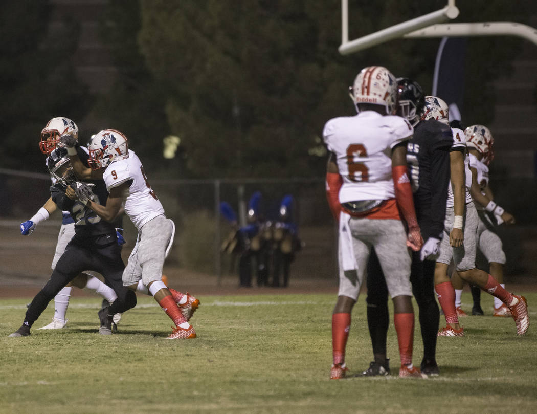 A fight breaks out in the third quarter during the Liberty Patriots road game with the Desert Pines Jaguars on Friday, Sept. 21, 2018, at Desert Pines High School, in Las Vegas. Benjamin Hager Las ...