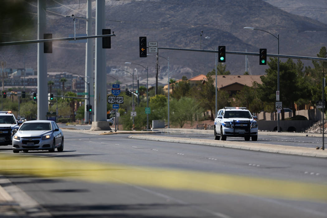 Henderson police investigate after an officer-involved shooting on Gibson Road near Trail Canyon Road, Saturday, Sept. 22, 2018. (Erik Verduzco/Las Vegas Review-Journal) @Erik_Verduzco