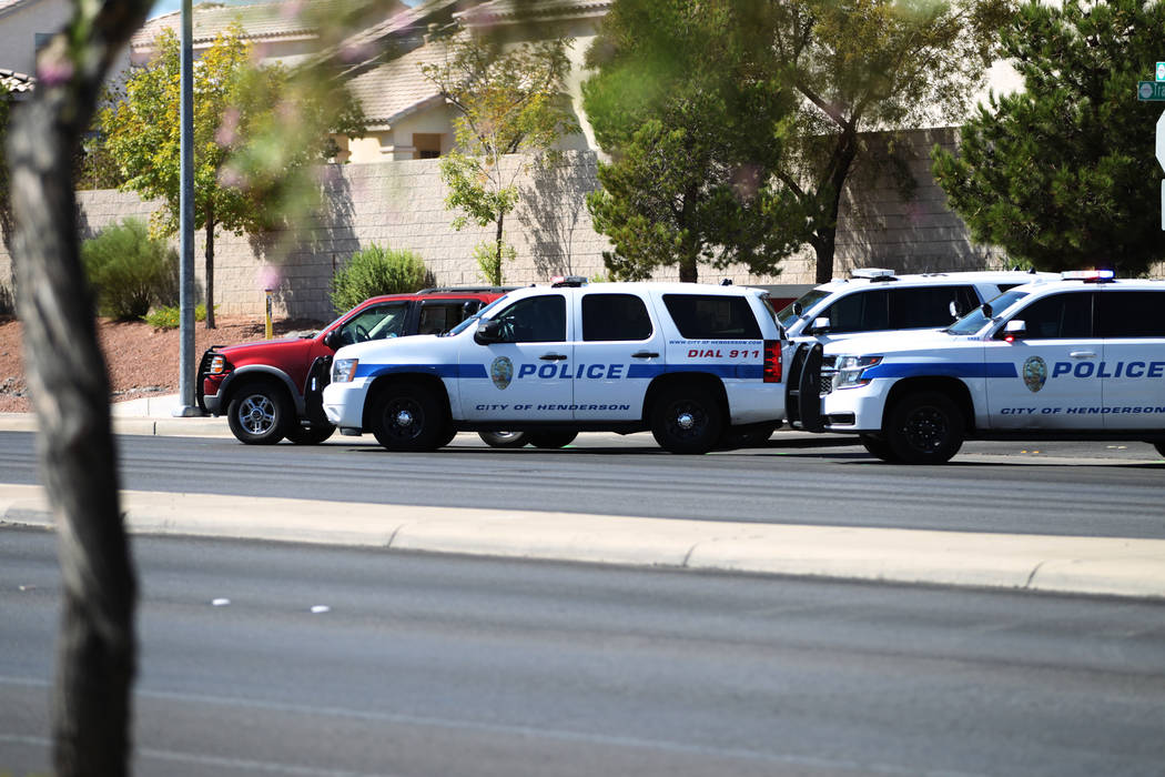Henderson police investigate after an officer-involved shooting on Gibson Road near Trail Canyon Road, Saturday, Sept. 22, 2018. (Erik Verduzco/Las Vegas Review-Journal) @Erik_Verduzco