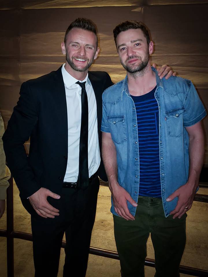 Misha Furmanczyk (left) and pop superstar Justin Timberlake are shown backstage at "Absinthe" at Caesars Place on Sunday, Sept. 23, 2018. (Misha Furmanczyk)
