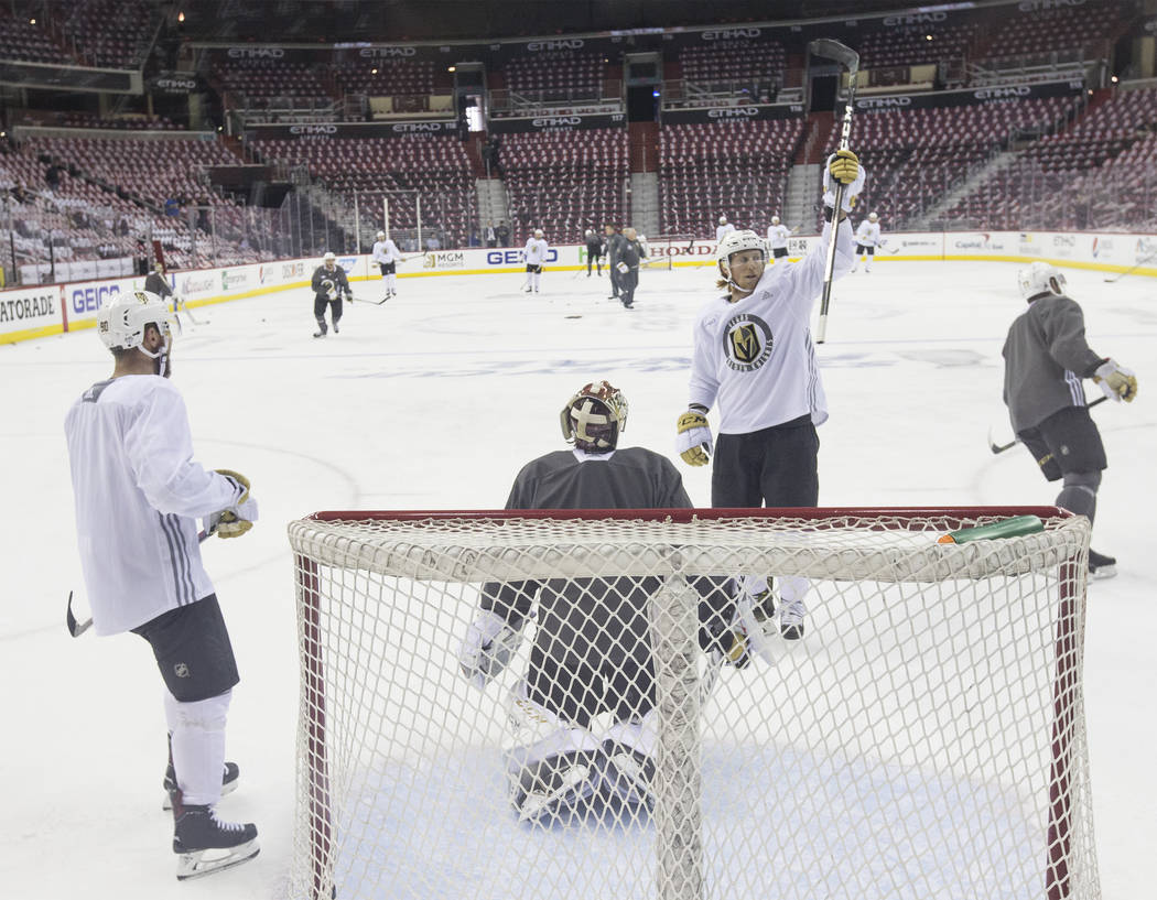 Golden Knights center Cody Eakin (21) salutes his teammates during practice leading up to Game 3 of the NHL Stanley Cup Final with the Washington Capitals on Saturday, June 2, 2018, in Washington. ...