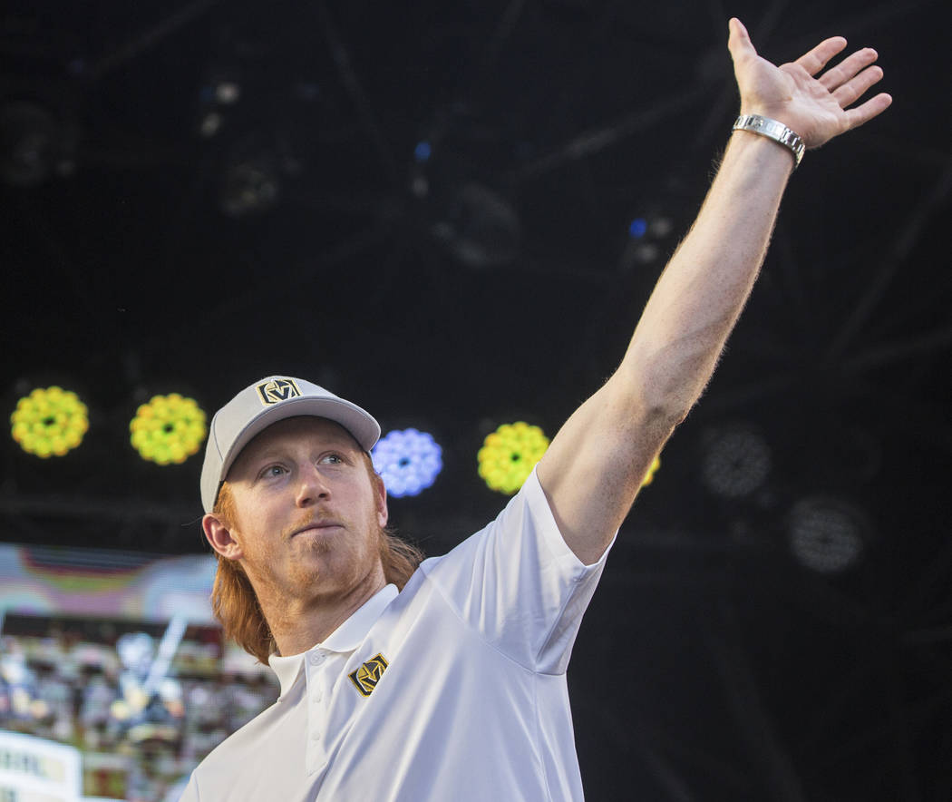 Golden Knights center Cody Eakin waves at fans during “Stick Salute to Vegas and Our Fans” on Wednesday, June 13, 2018, at the Fremont Street Experience, in Las Vegas. Benjamin Hager ...