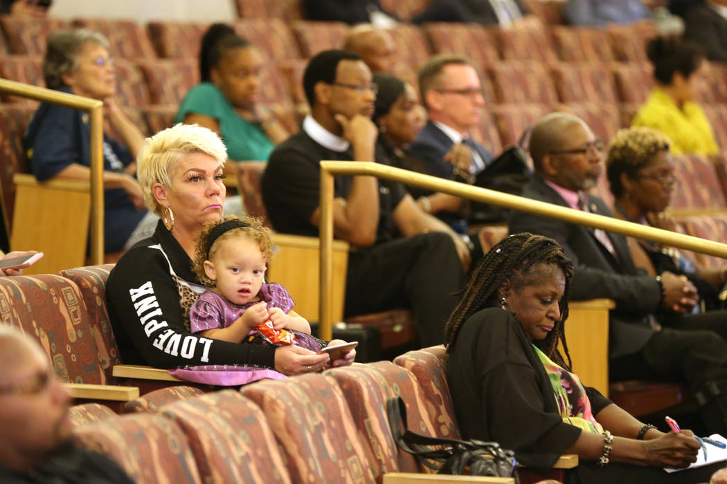 Audience members during a public review of evidence in the Clark County Commission chambers Monday, Sept, 24, 2018, regarding the death of Tashii Brown, who died after an encounter with Las Vegas ...