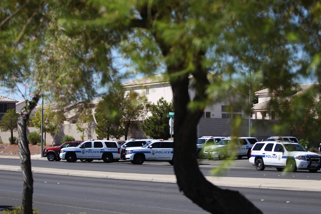 Henderson police investigate after an officer-involved shooting on Gibson Road near Trail Canyon Road, Saturday, Sept. 22, 2018. (Erik Verduzco/Las Vegas Review-Journal) @Erik_Verduzco
