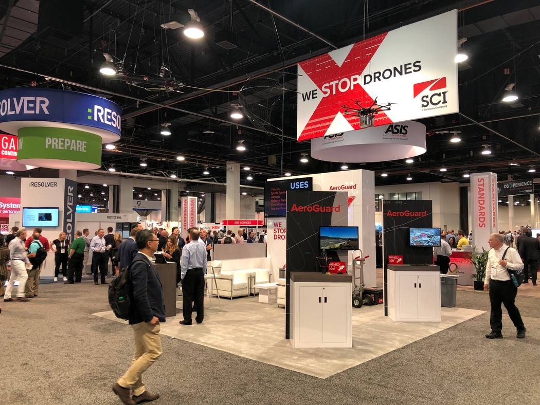 SCI Technology booth showing off their drone hunter Aeroguard on Wednesday at GSX at the Las Vegas Convention Center on Wednesday, September 26, 2018. (Todd Prince/Las Vegas Review-Journal)