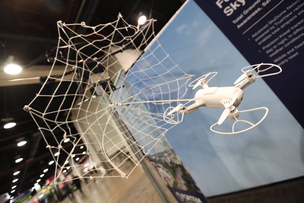 Fortem Technologies displaying a web capturing a drone at their booth at GSX at the Las Vegas Convention Center on Wednesday, September 26, 2018. (Todd Prince/Las Vegas Review-Journal)