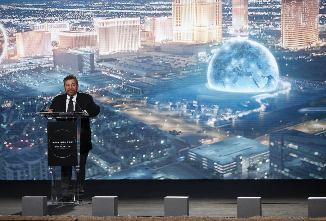 James Dolan, CEO of the Madison Square Garden Co., addresses the crowd at the ground breaking ceremony event for the Madison Square Garden Sphere, a new venue expected to open in 2021 in Las Vegas ...