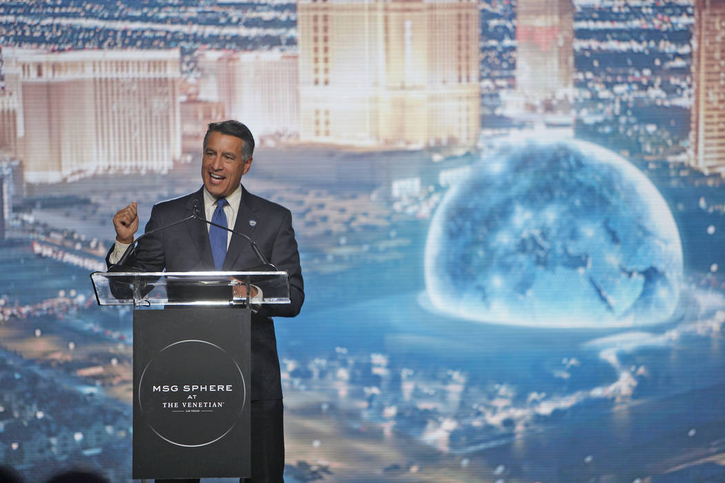 Gov. Brian Sandoval addresses the crowd at the ground breaking ceremony event for the Madison Square Garden Sphere, a new venue expected to open in 2021 in Las Vegas, Thursday, Sept. 27, 2018. The ...