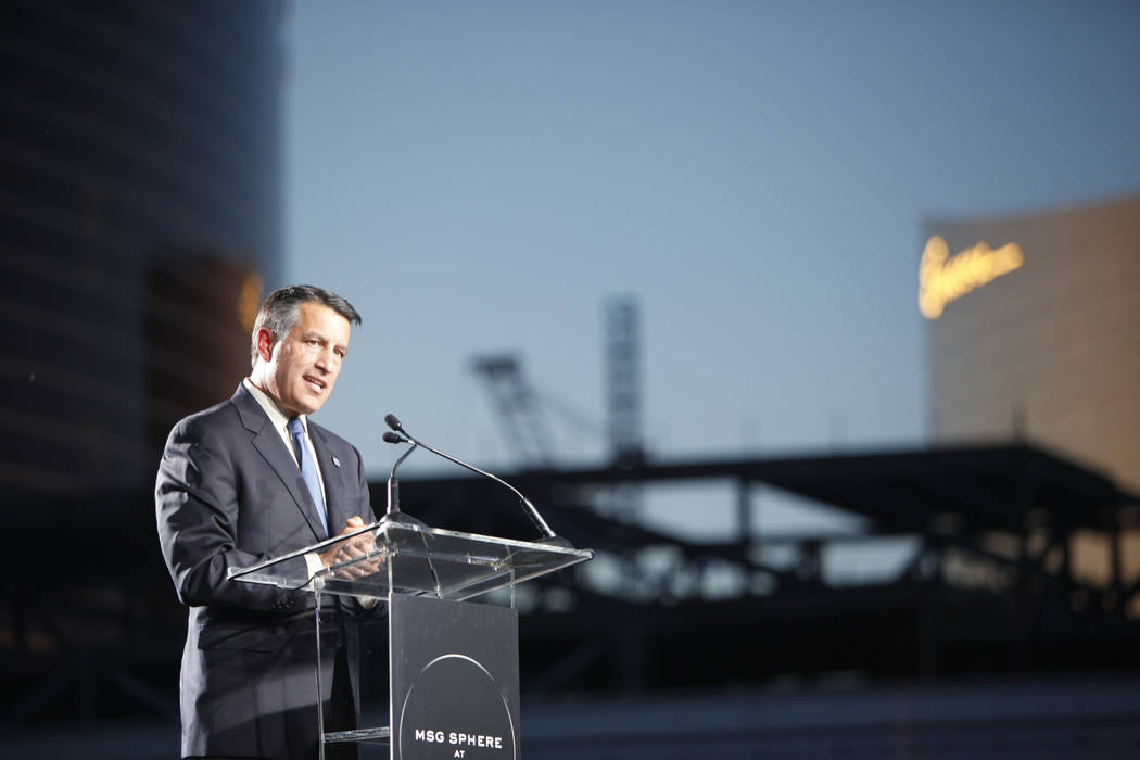 Gov. Brian Sandoval addresses the crowd at the ground breaking ceremony event for the Madison Square Garden Sphere, a new venue expected to open in 2021 in Las Vegas, Thursday, Sept. 27, 2018. The ...
