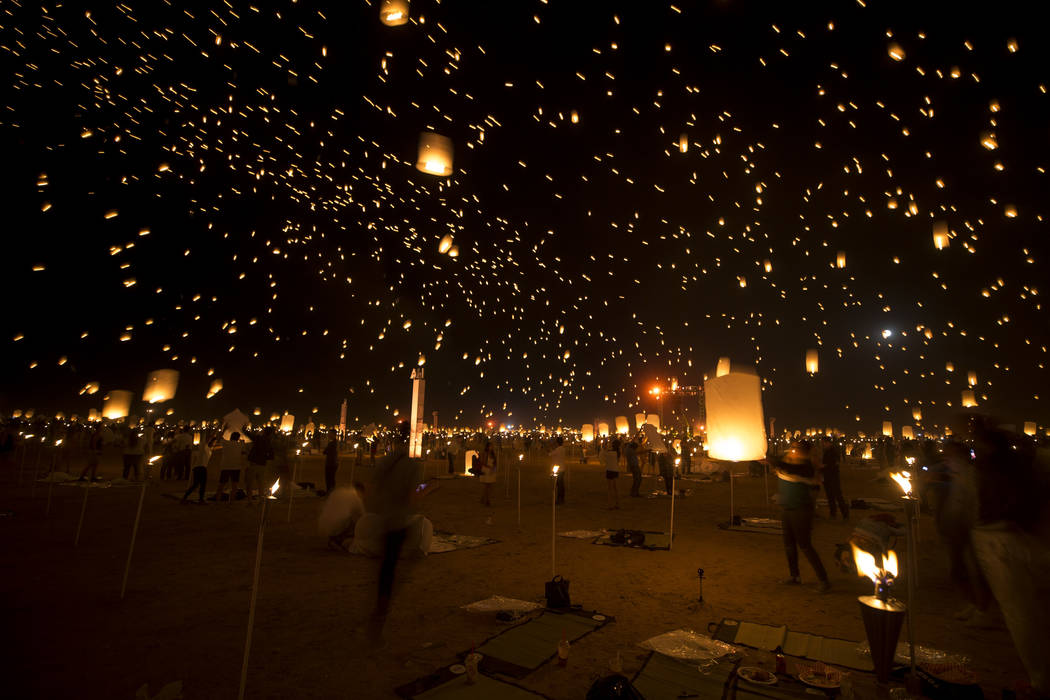 Participants release lanterns during the RiSE Lantern Festival held at the Moapa River Indian Reservation on Friday, Oct. 6, 2017. Richard Brian Las Vegas Review-Journal @vegasphotograph
