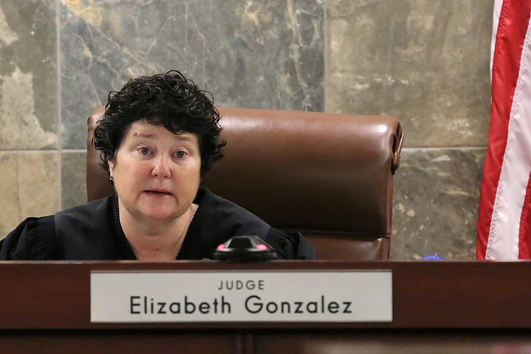 Judge Elizabeth Gonzalez presides at the Regional Justice Center during a hearing on Friday, July 11, 2018, in Las Vegas. Drug manufacturer Alvogen filed suit in an effort to stop Nevada using the ...