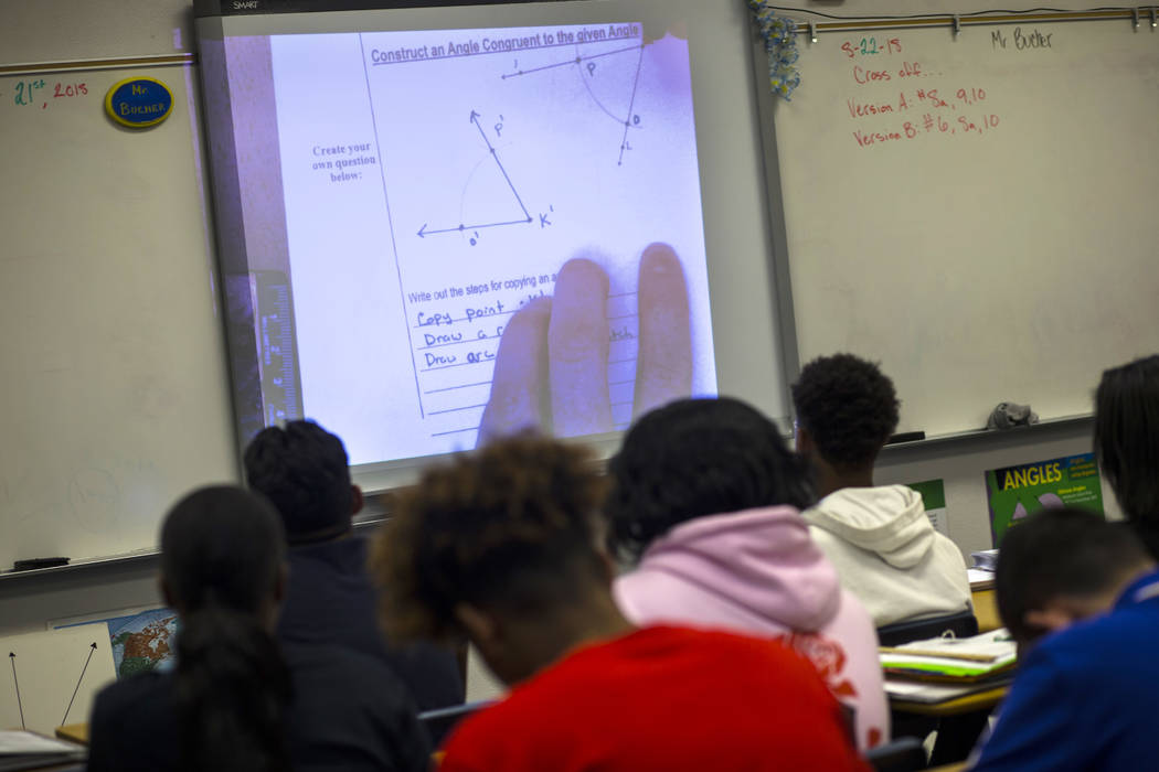 Michael Bucher, not pictured, leads a math class at Spring Valley High School in Las Vegas on Wednesday, Aug. 22, 2018. Chase Stevens Las Vegas Review-Journal @csstevensphoto