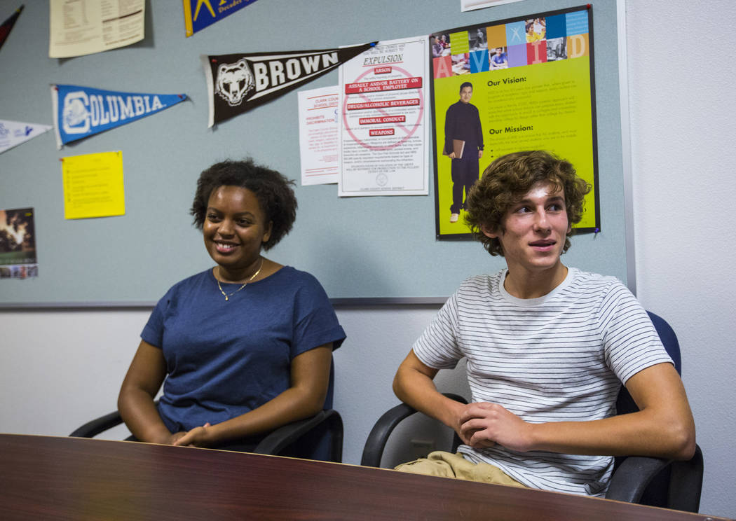 Juniors Dagemawit Kebede, left, and Liam Mullen talk about the grading system at Spring Valley High School in Las Vegas on Wednesday, Aug. 22, 2018. Chase Stevens Las Vegas Review-Journal @cssteve ...