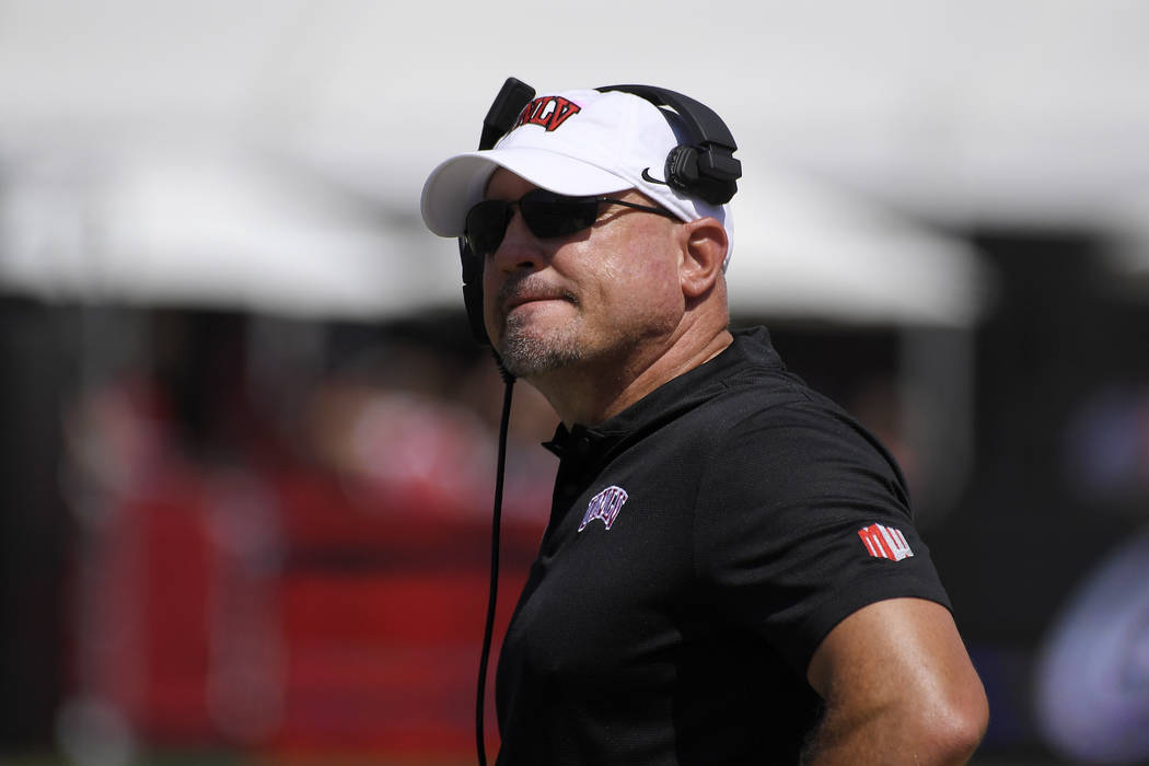 In this Sept. 1, 2018, file photo, UNLV head coach Tony Sanchez watches the first half of an NCAA college football game against Southern California in Los Angeles. (AP Photo/Mark J. Terrill, File)