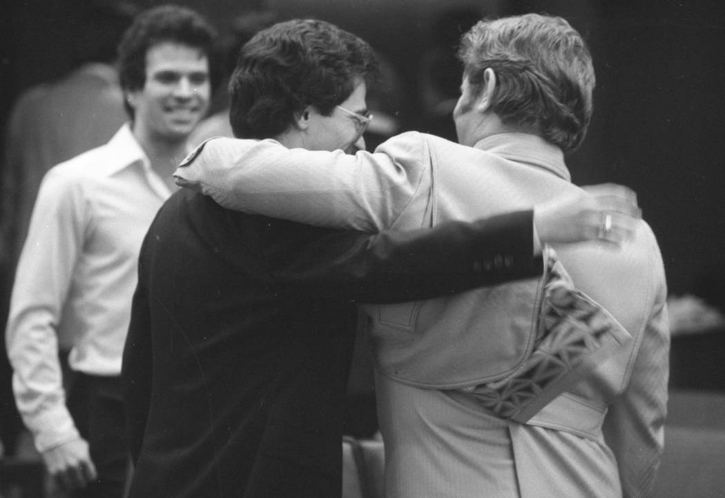 Jerald Burgess, right, gets a hug from his attorney, Frederic Abrams, after he was acquitted in 1982 in the abduction of Cary Sayegh, 6, from the playground of the Albert Einstein Hebrew Day Schoo ...