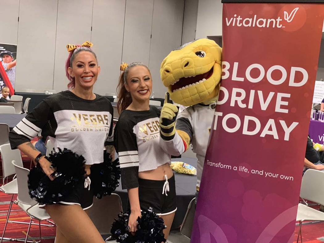 Chance, the Vegas Golden Knights mascot, takes part in the Vitalent blood drive at the Las Vegas Convention Center on the one-year anniversary of the Las Vegas shooting, Monday, Oct.1, 2018. (Mat ...