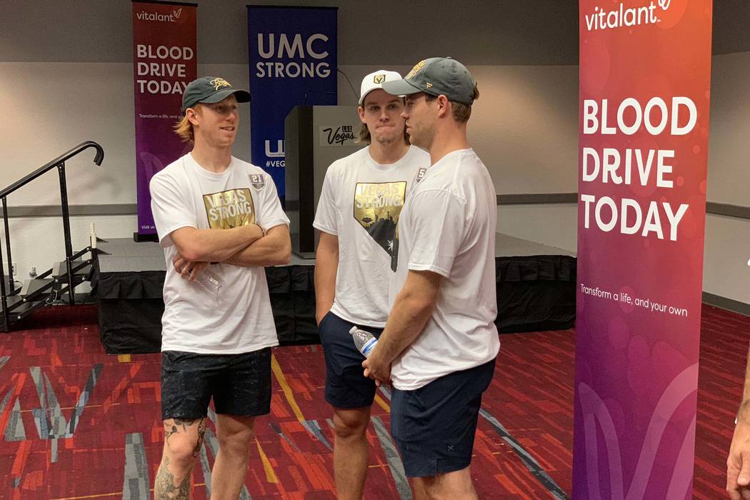 Members of the Vegas Golden Knights arrive to take part in the Vitalent blood drive at the Las Vegas Convention Center on the one-year anniversary of the Las Vegas shooting, Oc.t 1, 2018. (Mat Lus ...