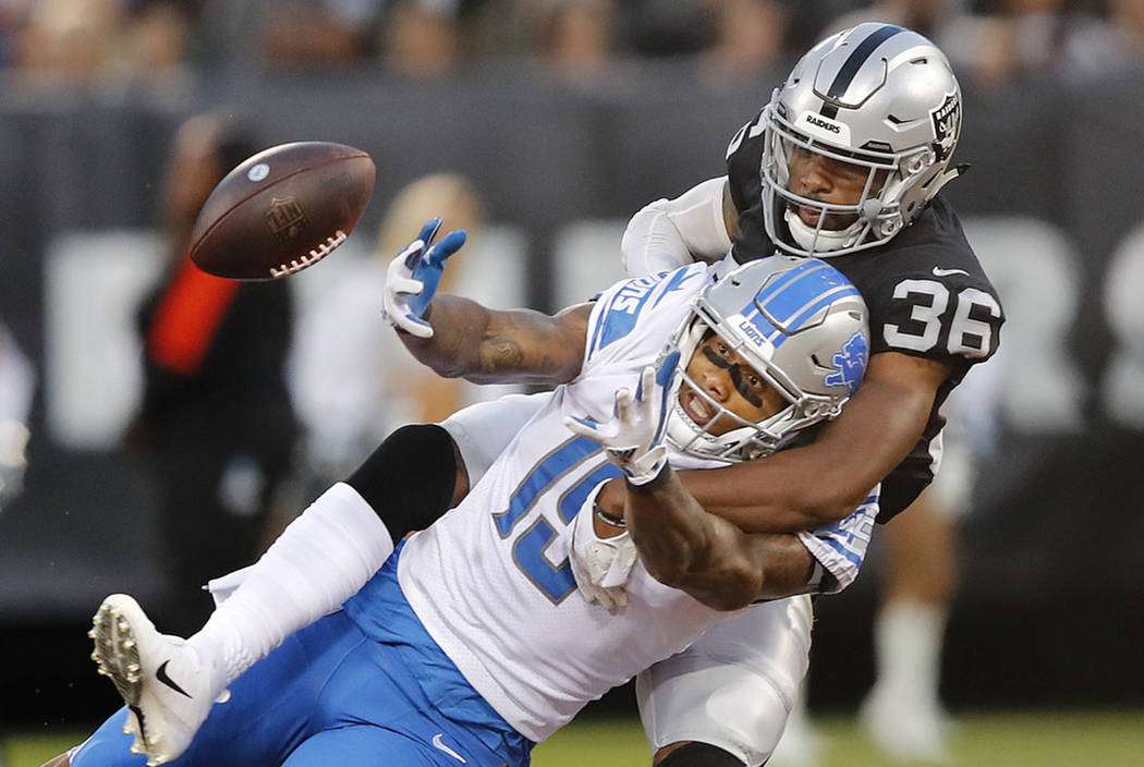 Oakland Raiders cornerback Daryl Worley (36) breaks up a pass intended for Detroit Lions wide receiver Kenny Golladay during the first half of an NFL preseason football game in Oakland, Calif., Fr ...