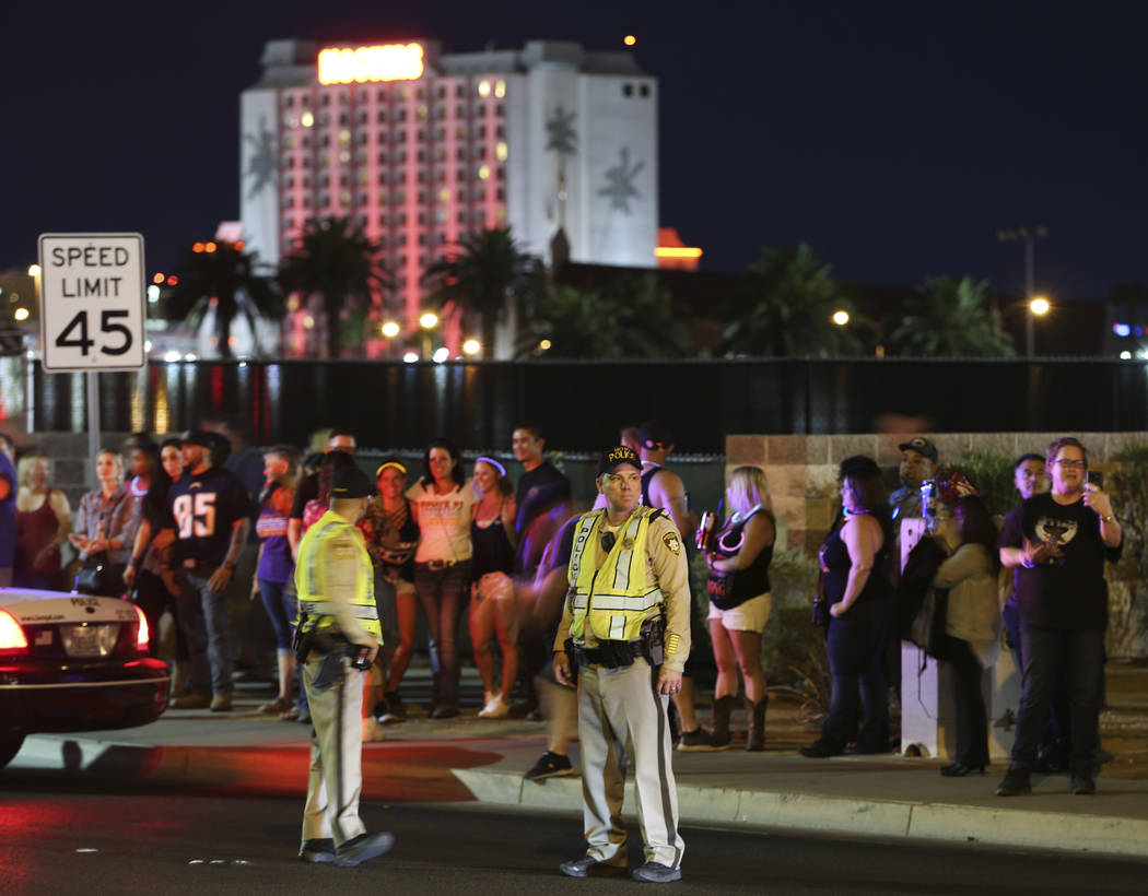 Crowds gather at Mandalay Bay hotel-casino on the anniversary of the One October shooting in Las Vegas, Monday, Oct. 1, 2018. Erik Verduzco/Las Vegas Review-Journal