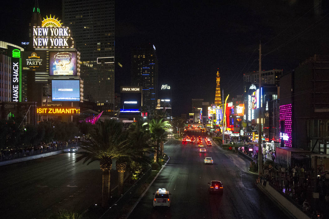 The marquees on the Las Vegas Strip turn black to commemorate the One October shooting in Las Vegas, Monday, Oct. 1, 2018. Caroline Brehman/Las Vegas Review-Journal