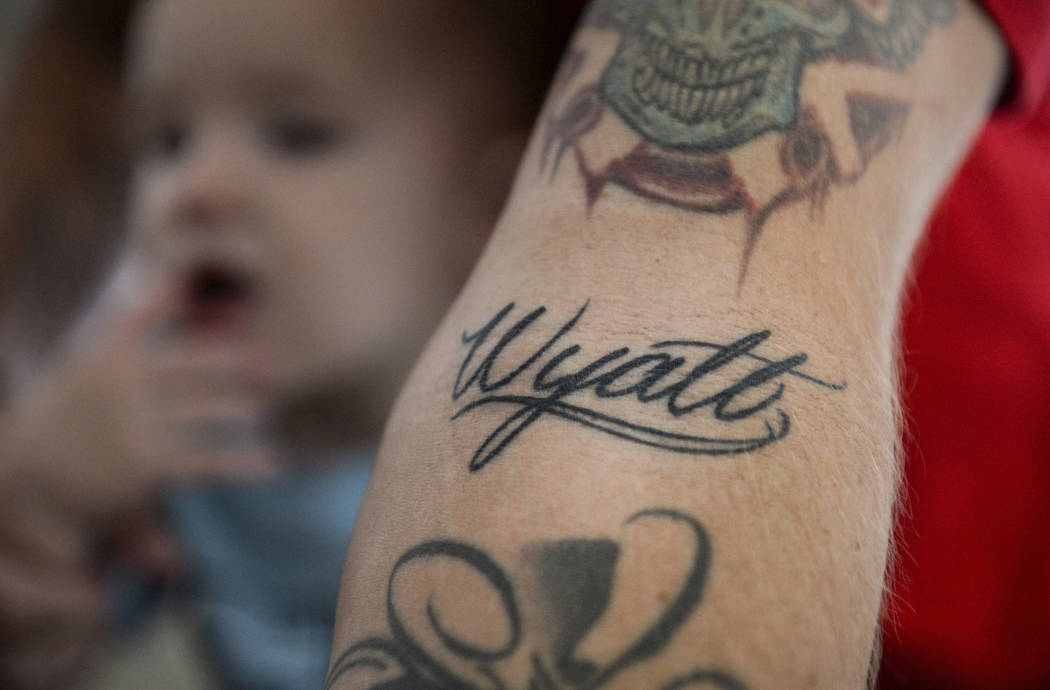 Travis Matheson shows off the tattoo on his arm for his son Wyatt in Las Vegas, Sunday, Sept. 30, 2018. Matheson has tattoos of each of his children's names. Caroline Brehman/Las Vegas Review-Journal