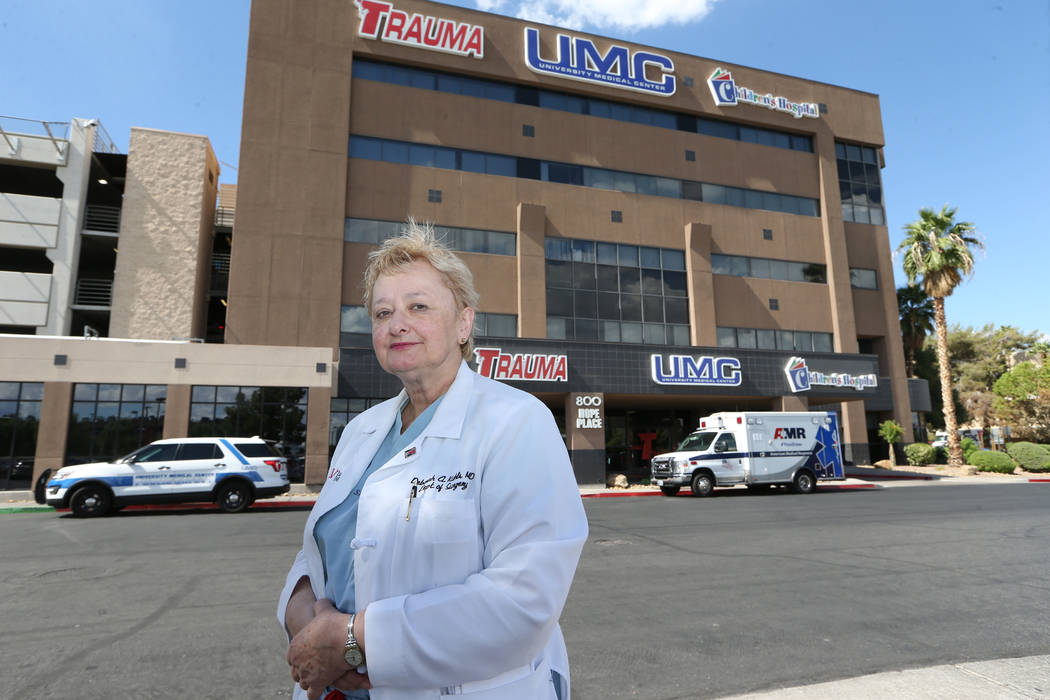 Deborah Kuhls, UNLV professor of surgery and medical director of the Trauma ICU at University Medical Center of Southern Nevada, poses outside of UMC in Las Vegas, Wednesday, Oct. 3, 2018. Erik Ve ...