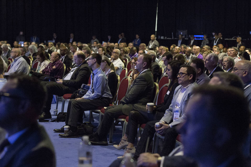 An audience listen to former Boston Police Commissioner Ed Davis give the state of the industry address at the Special Events Stage at the Global Gaming Expo, Tuesday, Oct. 3, 2017. Elizabeth Brum ...
