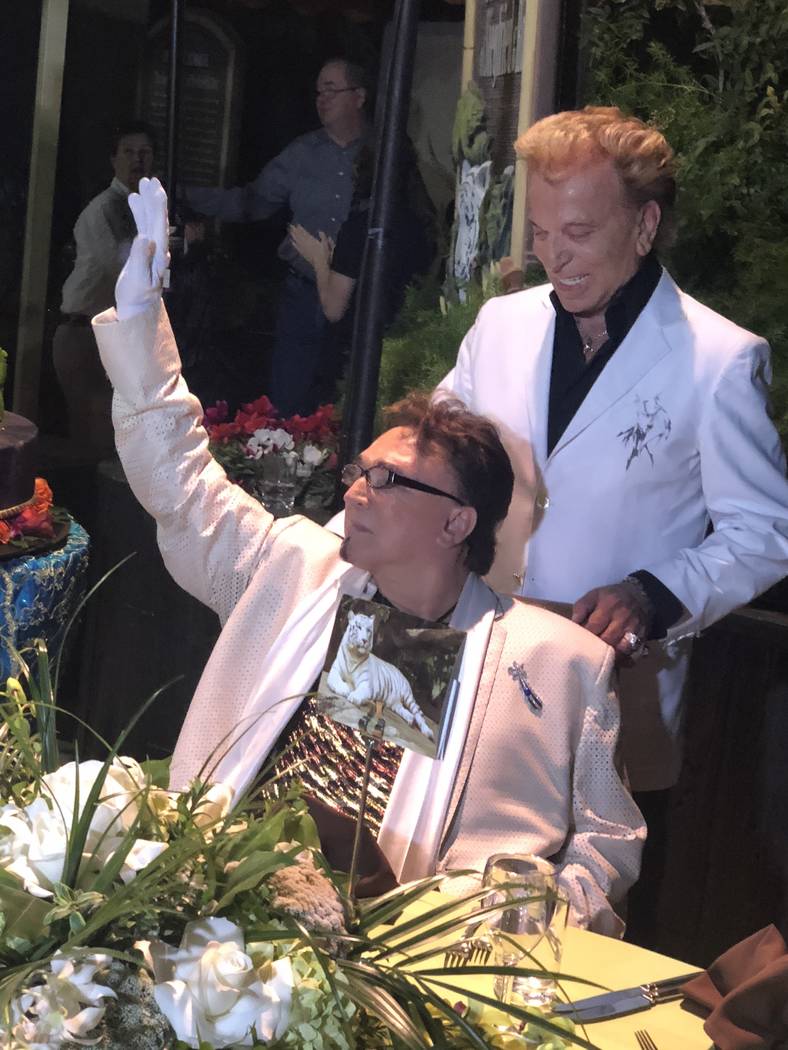 Siegfried & Roy are shown at Roy's birthday party at Siegfried & Roy's Secret Garden on Wednesday, Oct. 4 2018. (John Katsilometes/Las Vegas Review-Journal)