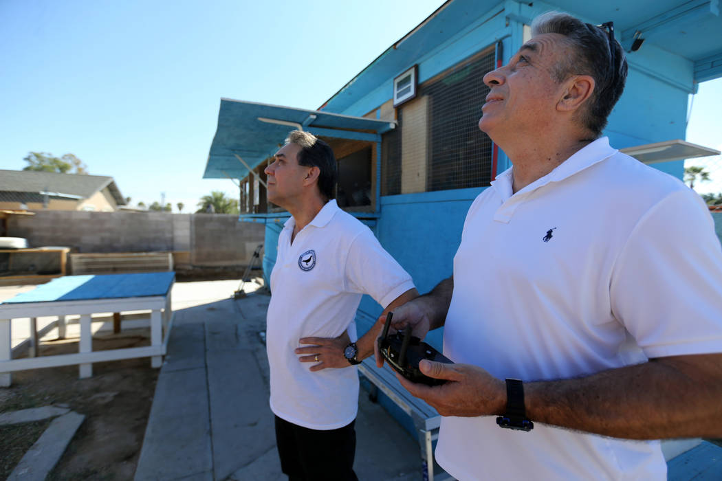Oscar Ruiz, left, and Vincent Valenzuela look for the arrival of pigeons belonging to Rasiel Martinez of Las Vegas on the Cher Ami leg of the Racing Pigeon Cross Country Relay from Victorville, Ca ...