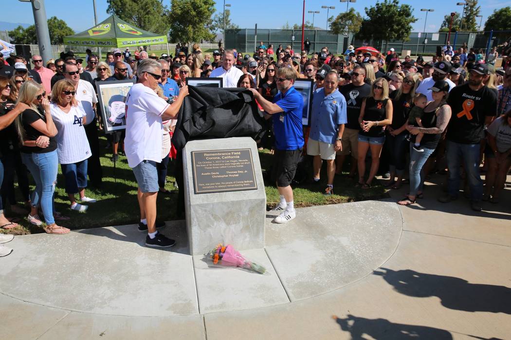 A community baseball field in Corona, California, is dedicated on Sept. 30, 2018, to the 58 people killed in the Las Vegas mass shooting, including three victims who were from Corona. (City of Corona)