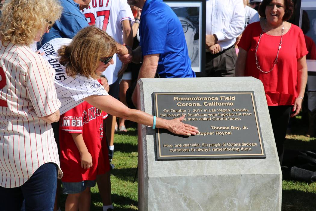 A community baseball field in Corona, California, is dedicated on Sept. 30, 2018, to the 58 people killed in the Las Vegas mass shooting, including three victims who were from Corona. (City of Corona)