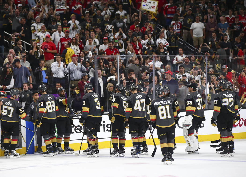 Golden Knights players head for the locker room after losing in Game 5 of the Stanley Cup Final to the Washington Capitals at T-Mobile Arena in Las Vegas on Thursday, June 7, 2018. Chase Stevens L ...