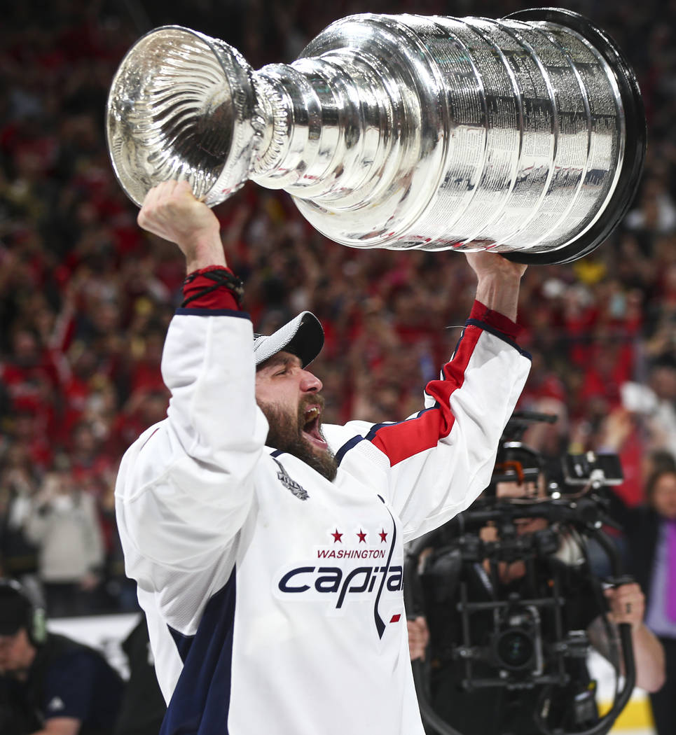 Washington Capitals left wing Alex Ovechkin (8) celebrates after defeating the Golden Knights in Game 5 of the Stanley Cup Final to win the series at T-Mobile Arena in Las Vegas on Thursday, June ...