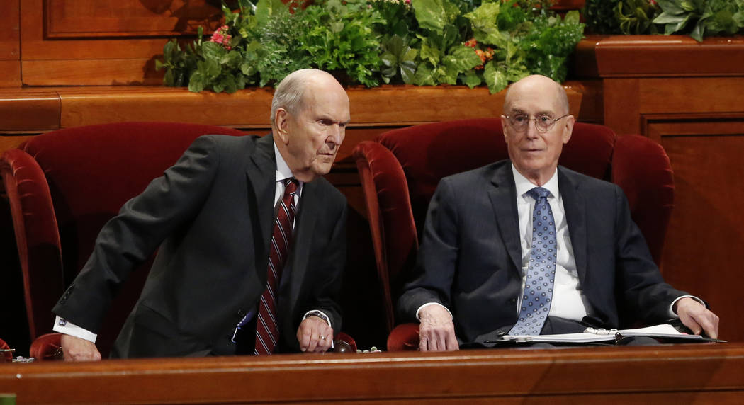 President Russell M. Nelson, left, as his counselor Henry B. Eyring look on during the twice-annual conference of The Church of Jesus Christ of Latter-day Saints, Saturday, Oct. 6, 2018, in Salt L ...