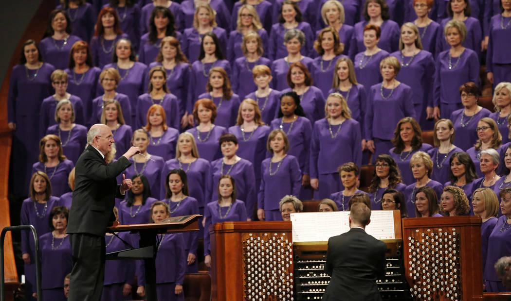 The Tabernacle Choir at Temple Square performs during the twice-annual conference of The Church of Jesus Christ of Latter-day Saints Saturday, Oct. 6, 2018, in Salt Lake City. (AP Photo/Rick Bowmer)