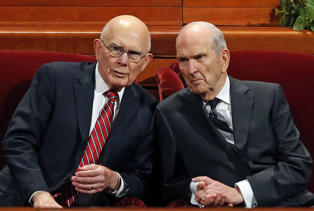 President Russell M. Nelson, right, as his counselor, Dallin H. Oaks, left, speak during the twice-annual conference of The Church of Jesus Christ of Latter-day Saints Saturday, Oct. 6, 2018, in S ...