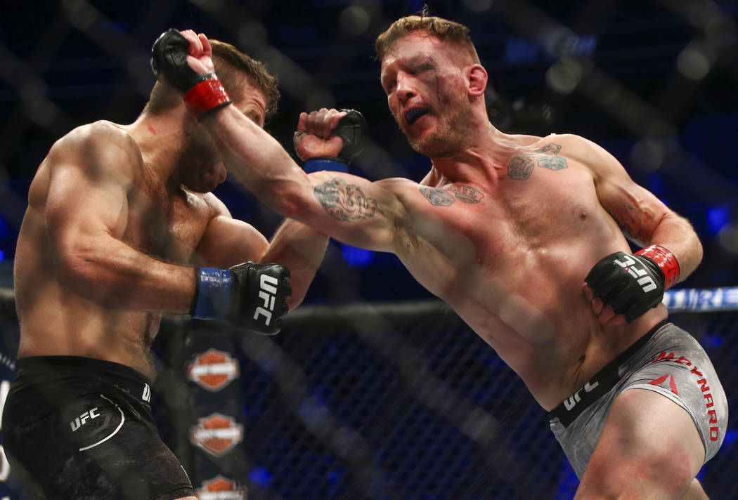 Gray Maynard, right, fights Nik Lentz during their lightweight bout at UFC 229 at T-Mobile Arena in Las Vegas on Saturday, Oct. 6, 2018. Chase Stevens Las Vegas Review-Journal @csstevensphoto