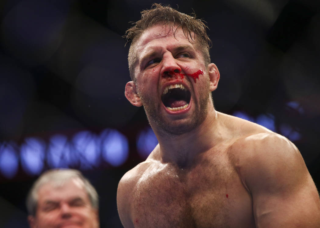 Nik Lentz celebrates his second-round technical knockout over Gray Maynard, not pictured, in their lightweight bout at UFC 229 at T-Mobile Arena in Las Vegas on Saturday, Oct. 6, 2018. Chase Steve ...