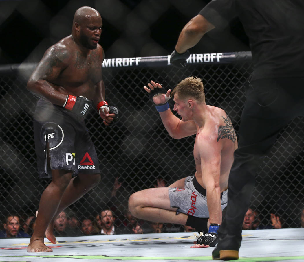 Derrick Lewis, left, fights Alexander Volkov during their heavyweight bout at UFC 229 at T-Mobile Arena in Las Vegas on Saturday, Oct. 6, 2018. Chase Stevens Las Vegas Review-Journal @csstevensphoto