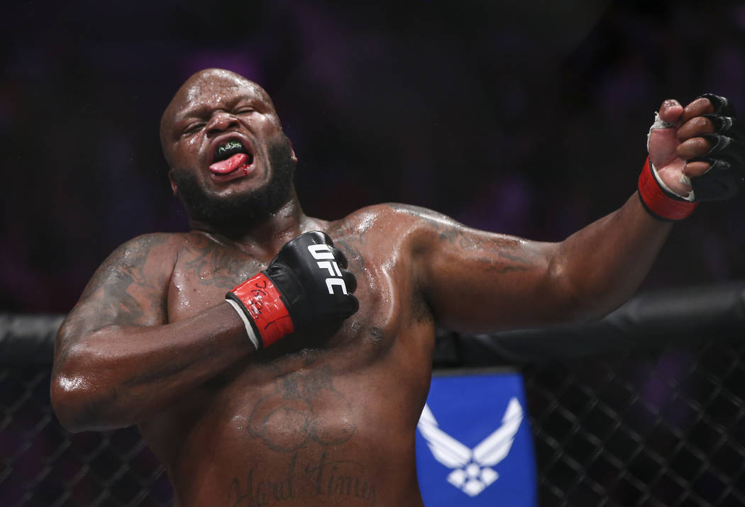 Derrick Lewis celebrates his knockout win over Alexander Volkov in their heavyweight bout at UFC 229 at T-Mobile Arena in Las Vegas on Saturday, Oct. 6, 2018. Chase Stevens Las Vegas Review-Journa ...