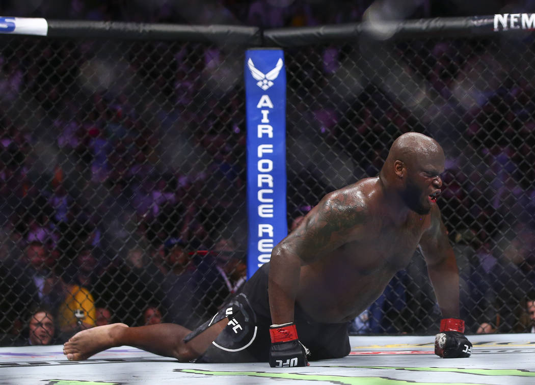 Derrick Lewis celebrates his knockout win over Alexander Volkov in their heavyweight bout at UFC 229 at T-Mobile Arena in Las Vegas on Saturday, Oct. 6, 2018. Chase Stevens Las Vegas Review-Journa ...